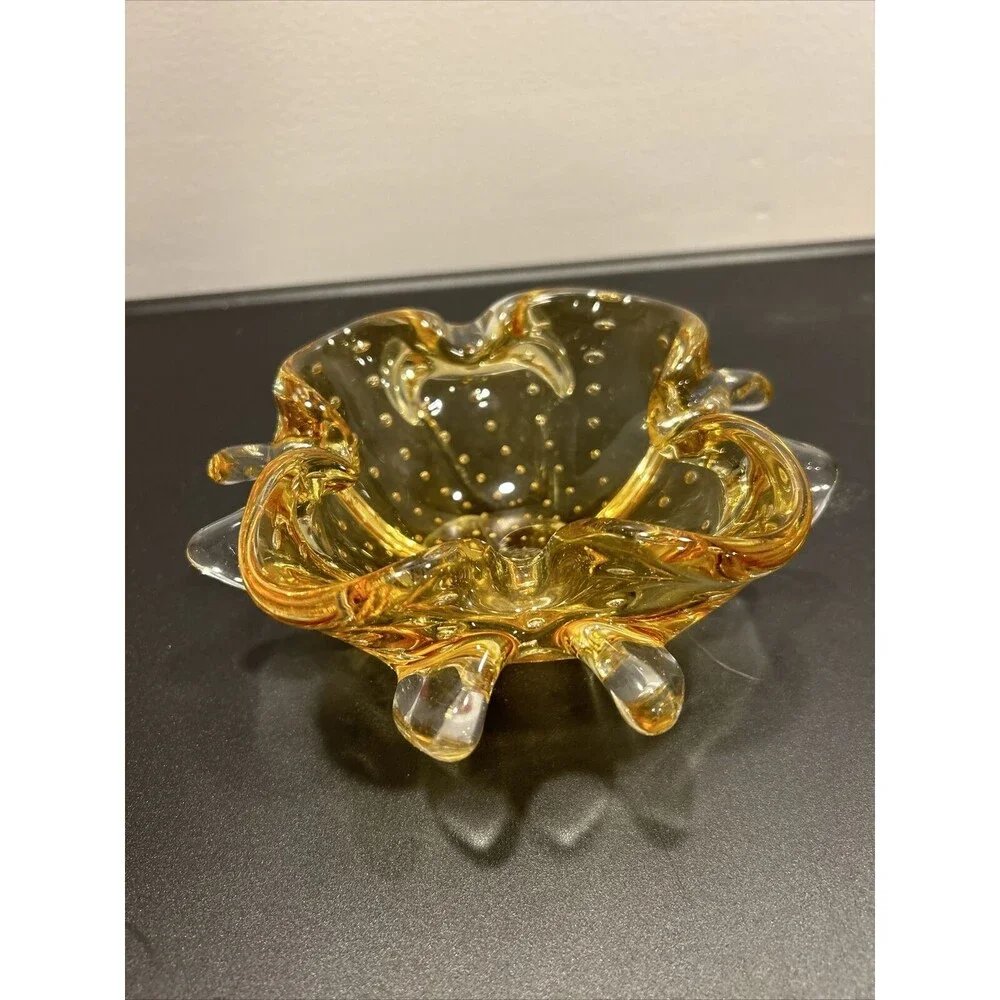 Murano Yellow Bullicante Controlled Bubble Art Glass Bowl Trinket Dish Bowl Big
